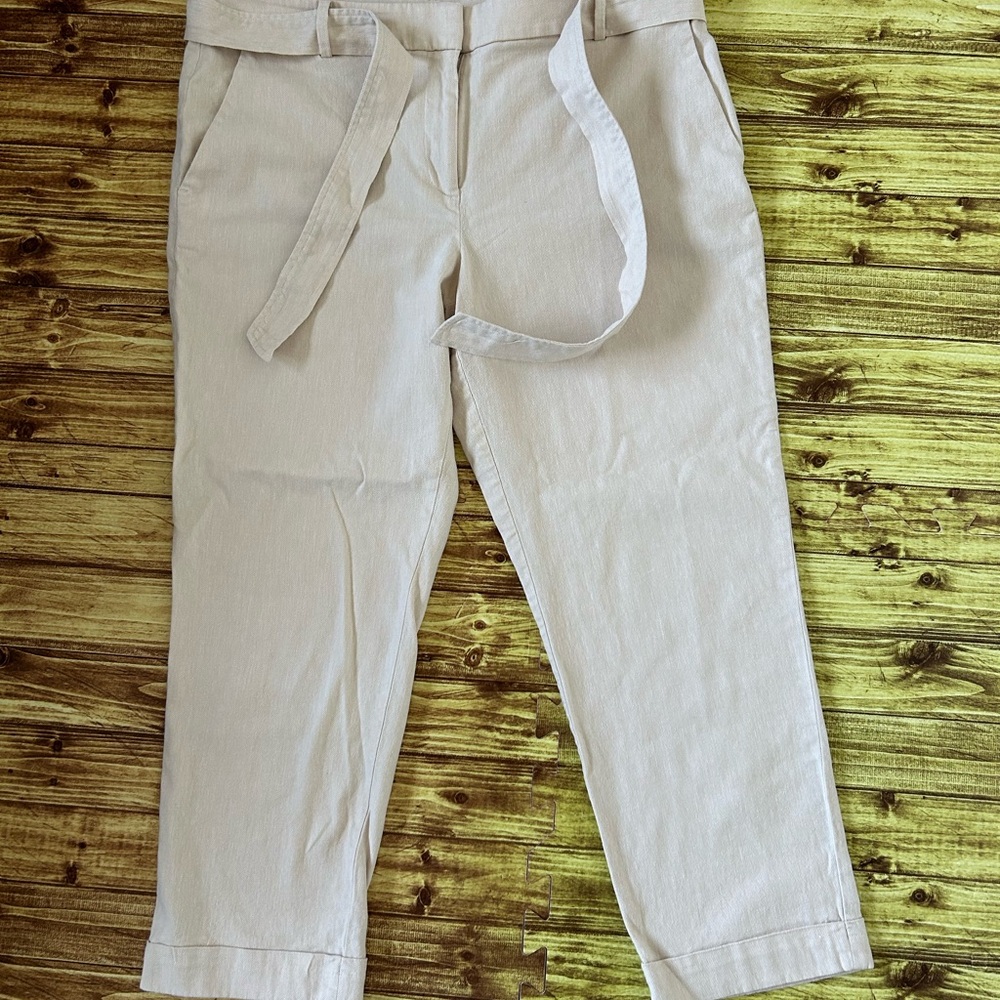 LOFT Women’s Linen Light Khaki Trousers with Tie Belt